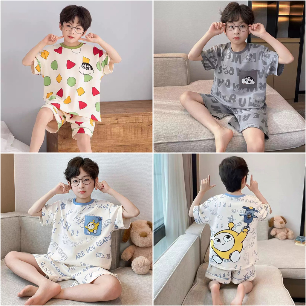 ชุดนอนแขนสั้นเด็กชายฤดูร้อนสไตล์ใหม่การ์ตูน Crayon Shin-Chan พิมพ์เสื้อยืดกางเกงขาสั้น Loungewear ชุดสองชิ้น