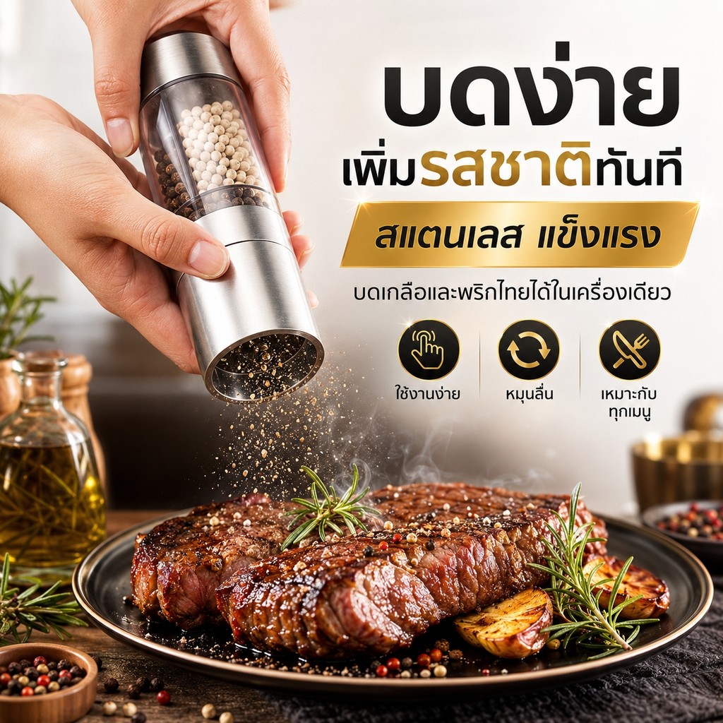 เครื่องบดพริกไทยและเกลือ 2 ช่อง สแตนเลส แข็งแรง หมุนง่าย เติมเครื่องเทศสะดวก ใช้ได้นาน คุ้มค่ามาก