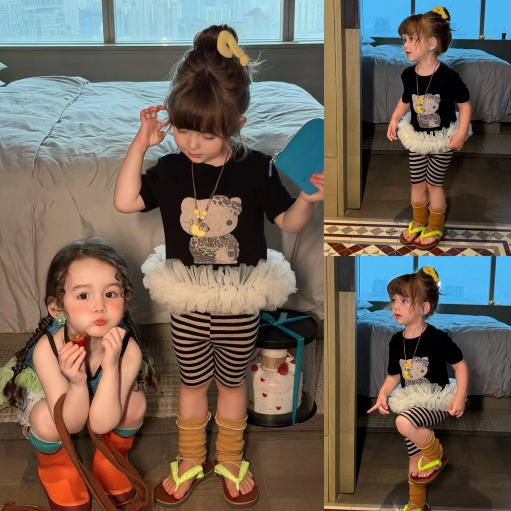 PRETTY BABY เสื้อยืดเด็ก เสื้อยืดคอกลม ลายการ์ตูน แต่งผ้าตาข่ายฟรุ้งฟริ้ง (2247)