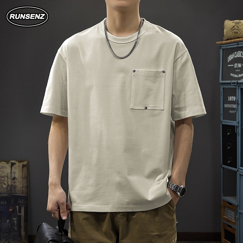 M-5XL Pocket Detail Plain Plus Size เสื้อยืดแขนสั้นผู้ชาย Oversize Heavyweight Basic Top