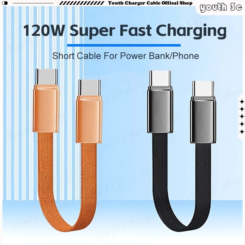 สายเคเบิลข้อมูลสั้นบางเฉียบสําหรับ Power Bank/โทรศัพท์ 120W แฟลชชาร์จสายแบน USB-C ถึง Type C 6A ไนลอนทอผ้าสายชาร์จรถยนต์สําหรับ I-OS/Type C