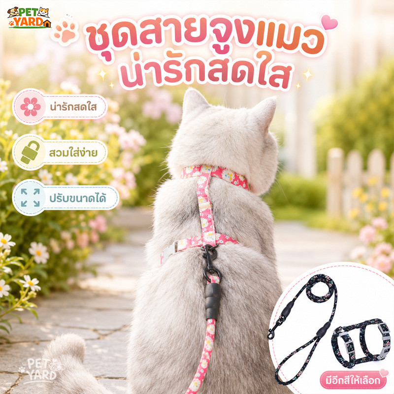 🐱🐾สายจูงแมว สายจูงสุนัข เชือกจูงแมวเรียบง่าย ไม่รัดแน่นเกินไป ใส่-ถอดง่าย พกพาสะดวก 1.5m พกง่าย