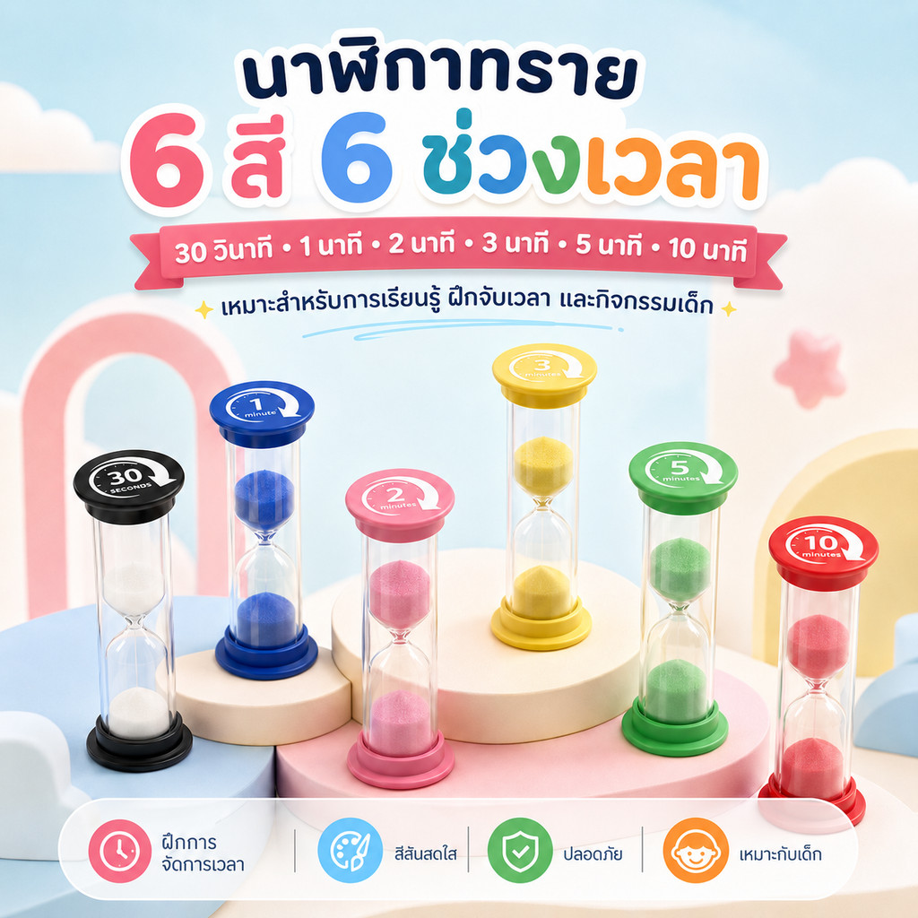 นาฬิกาทรายหลากสี 6 เวลา จับเวลาแม่นยำ ใช้งานง่าย สำหรับเด็ก เรียน ทำงาน ออกกำลังกาย และทำอาหาร