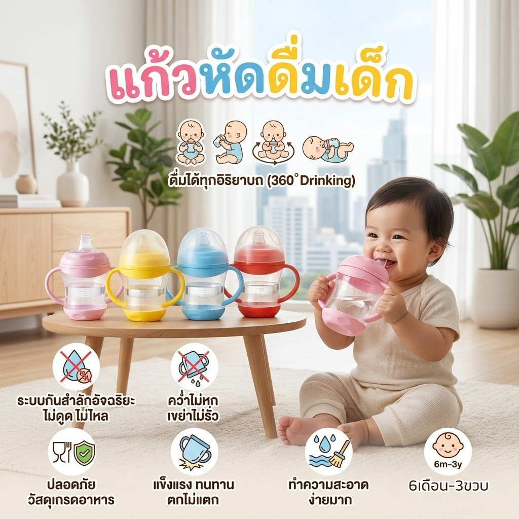 BabyPartys แก้วหัดดื่มทารก แก้วกันสำลัก ไม่ดูดไม่ไหล จุกซิลิโคนนิ่มเกรดอาหาร ตกไม่แตก ของใช้เด็ก