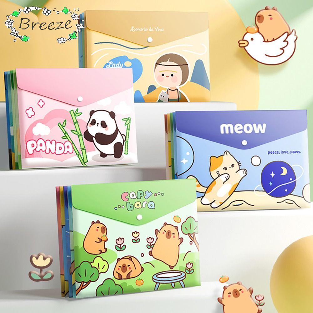 BREEZE 5 ชิ้น/เซ็ตโฟลเดอร์แฟ้ม A4, Snap-fastener กระเป๋าแฟ้มความจุขนาดใหญ่, Capybara PP Test Paper Storage กันน้ําซองจดหมายโฟลเดอร์ของขวัญ