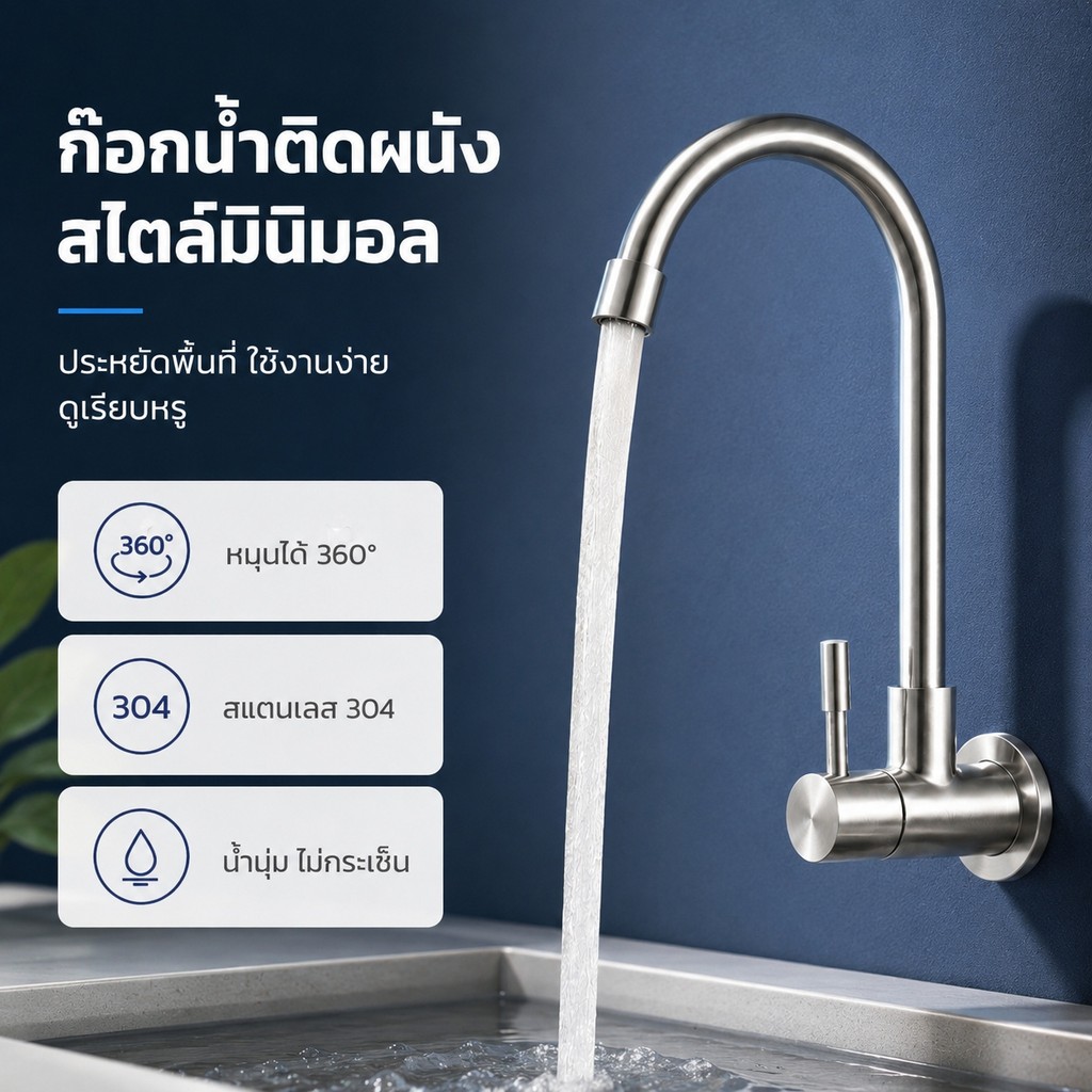 ก๊อกน้ำ ก๊อกอ่างล้างจาน สแตนเลส 304 ก๊อกครัว ทนทาน แข็งแรง หมุนได้ 360 พร้อมจัดส่ง