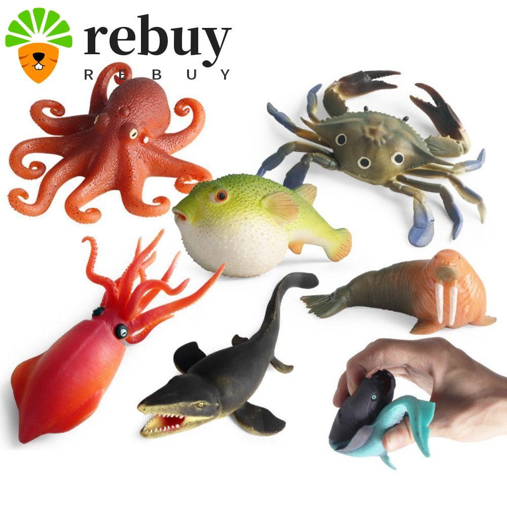 REBUY บีบสัตว์ทะเล, Octopus Soft Squid จําลองสัตว์ทะเล,คอลเลกชันตัวเลขการกระทํา Pufferfish TPR Sea Life รุ่นของเล่นเด็ก