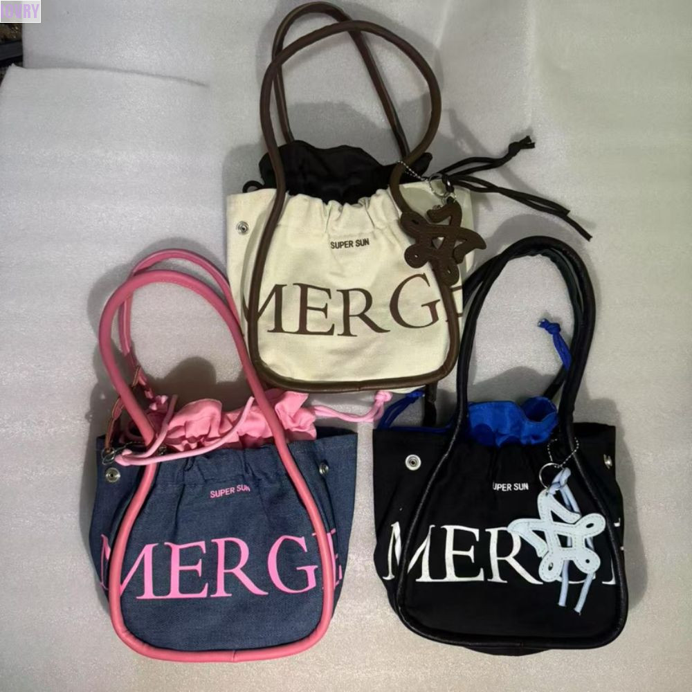 กระเป๋าสะพายเชือกรูด IVORY, กระเป๋าโท้ต MERGE แบบพกพาไทย, กระเป๋าถือ Tote Letter เรียบง่ายแฟชั่นผ้าเดนิมกลางแจ้ง