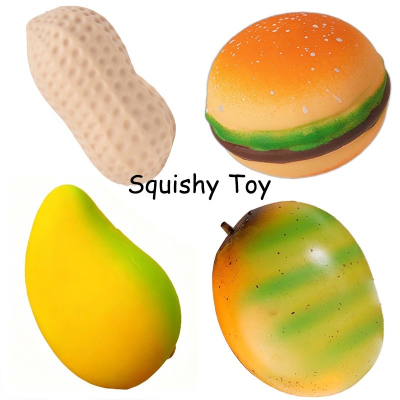 Squishy Burger Peanut Mango Squeeze ของเล่นอาหารและผลไม้ Finger Fidget ของเล่นความเครียดบรรเทา
