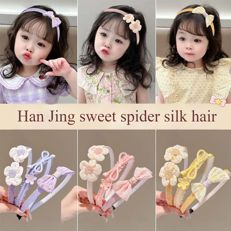 3 ชิ้นชุดแถบคาดศีรษะเกาหลีสําหรับเด็กสาวลูกไม้ดอกไม้โบว์หมี Hairbands ผมน่ารัก Hoop