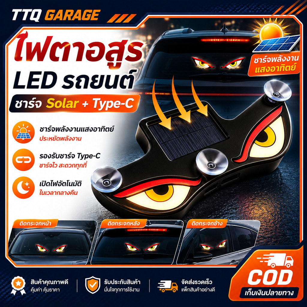 ไฟตาปีศาจ LED Evil Eye พลังงานแสงอาทิตย์ ชาร์จ Type-C ไฟติดกระจกรถ ไฟตกแต่งรถยนต์