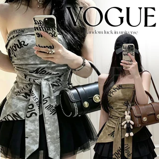Vogue🌟พร้อมส่ง🌟 เสื้อเกาะอกลายพิมพ์เท่ๆ ผ้ายืดสไตล์เกาหลี ตรงอกมียางกันลื่น เสริมฟองน้ำ (FY3030)