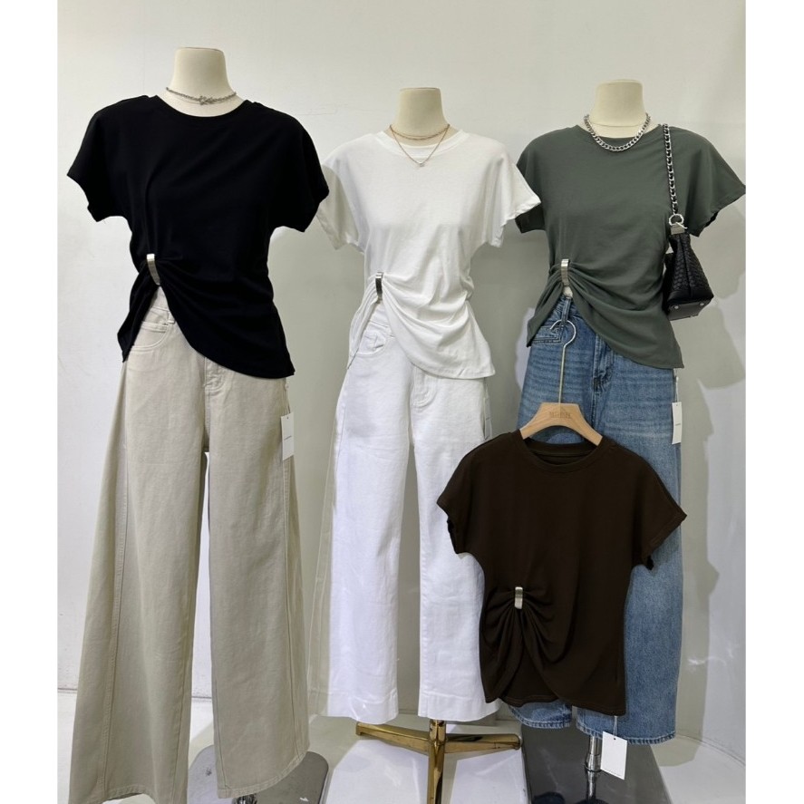 M2139 เสื้อยืดดีไซน์เก๋ แต่งอะไหล่ข้าง เอวสับ ดูแพงมาก ไอเทมใหม่ที่ต้องมีติดตู้ เสื้อยืดคอกลมแขนสั้น