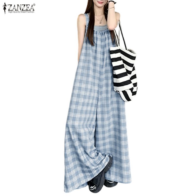 ZANZEA ผู้หญิงเกาหลี Streetwear Retro Casual Square Collar แขนกุดหลวมลายสก๊อตขากว้าง Overa