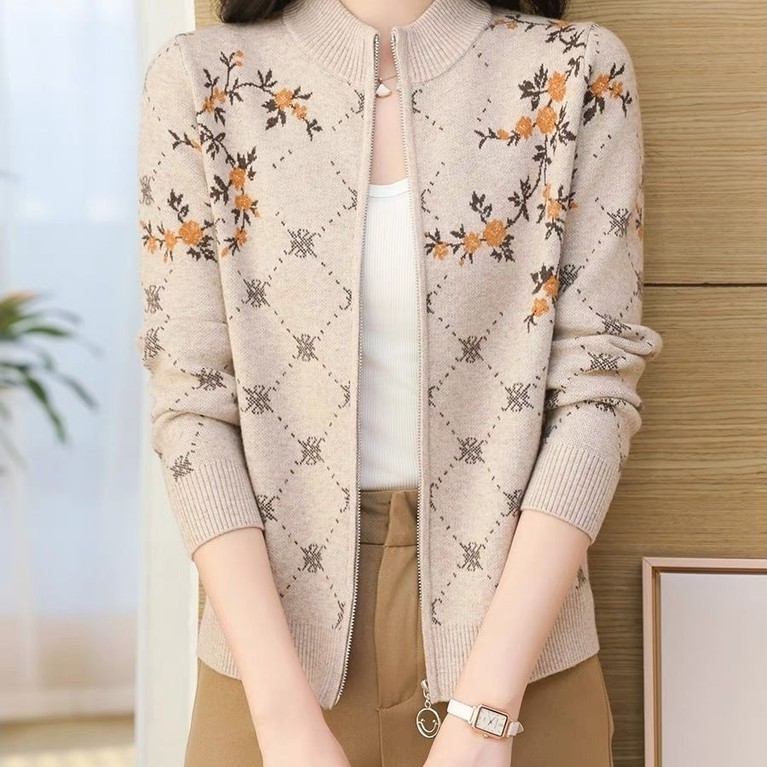 【ks1074.th】 洋气时尚提花针织开衫外套女长袖洋气拉鍊外搭上衣 【05275moSc3D6h】