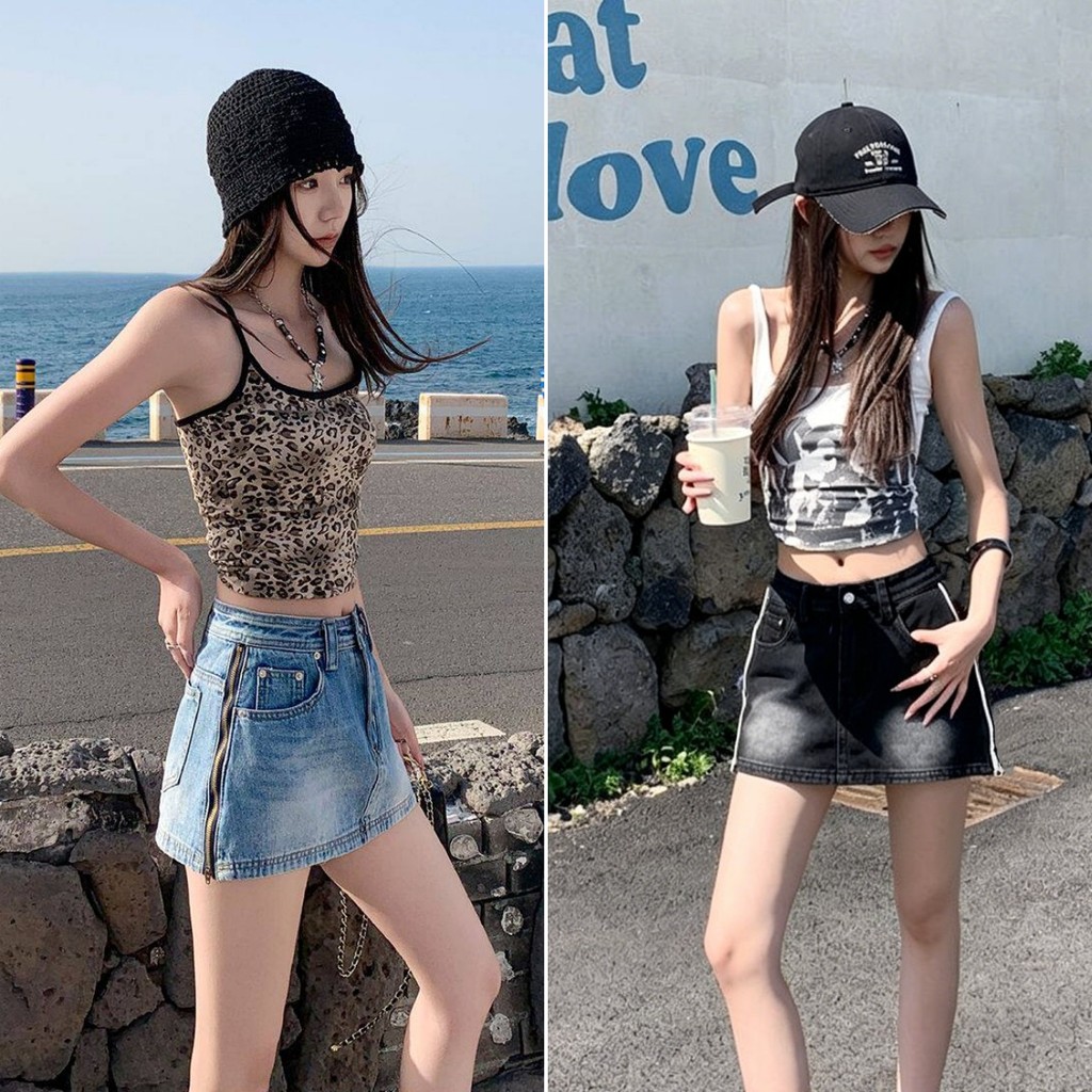 Bella Shop S-XLกระโปรงยีนส์สั้นสำหรับผู้หญิง ดีเทลซิปข้าง สไตล์ย้อนยุคแบบอเมริกัน ทรงสวยเป๊ะ