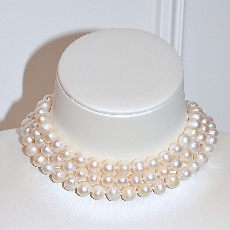 3A Freshwater Near Round Necklace in Copper - Triple layers - White (9 -10mm)