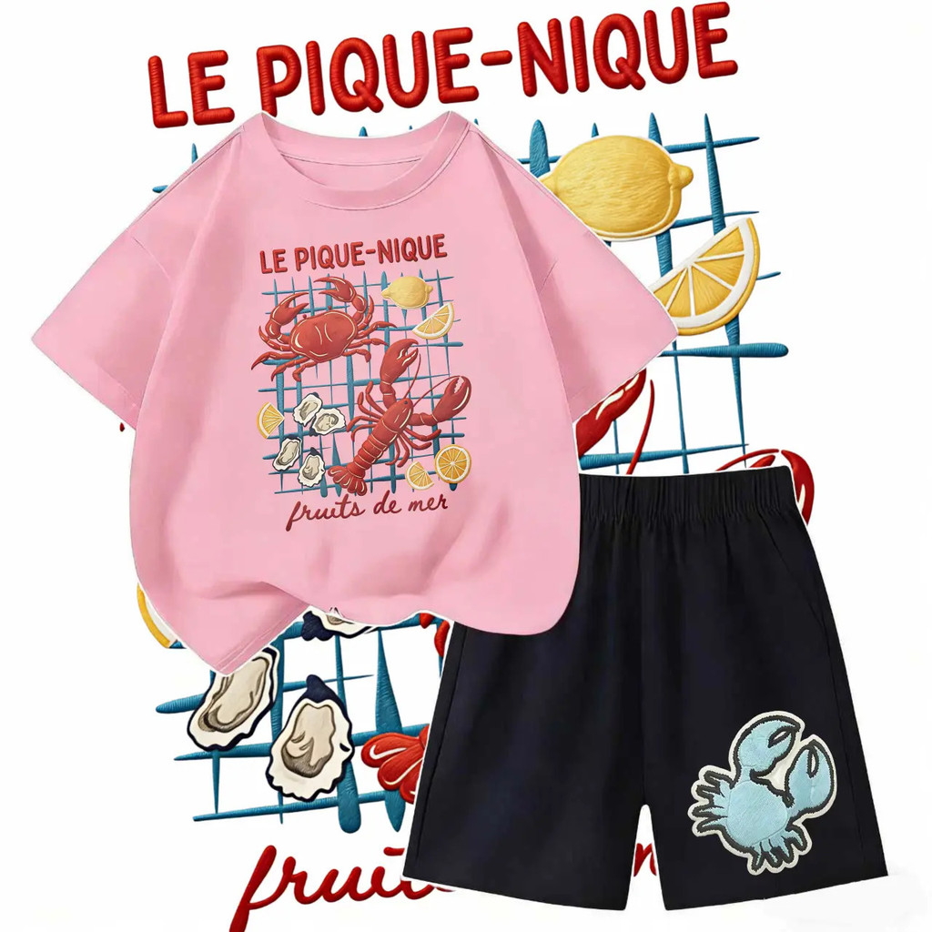 ชุดเสื้อยืดแขนสั้นเด็ก  สวมใส่สบาย มีให้เลือกหลายสี  LE PIQUE-NIQUE 2 ชิ้น แฟชั่น สำหรับเด็กชายตัวเล