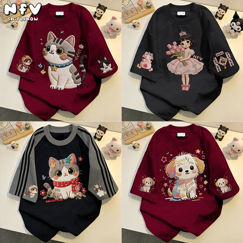 【จัดส่งตลอด 24 ชั่วโมง】NFV ใหม่ล่าสุด แฟชั่นเกาหลี เสื้อยืดเปล่า ลายพิมพ์แมวน่ารัก ผ้าหนายับยากรีดง่าย ผ้าฝ้าย YG4721