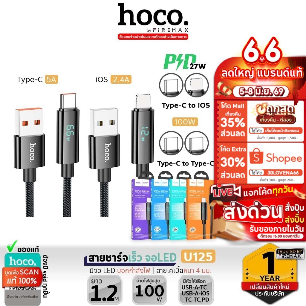 HOCO U125 สายชาร์จเร็ว มีจอ LED บอกกำลังไฟ TC-TC 100w / PD 27w / Type-C 5A / iOS 2.4A  สายชาร์จ hc1