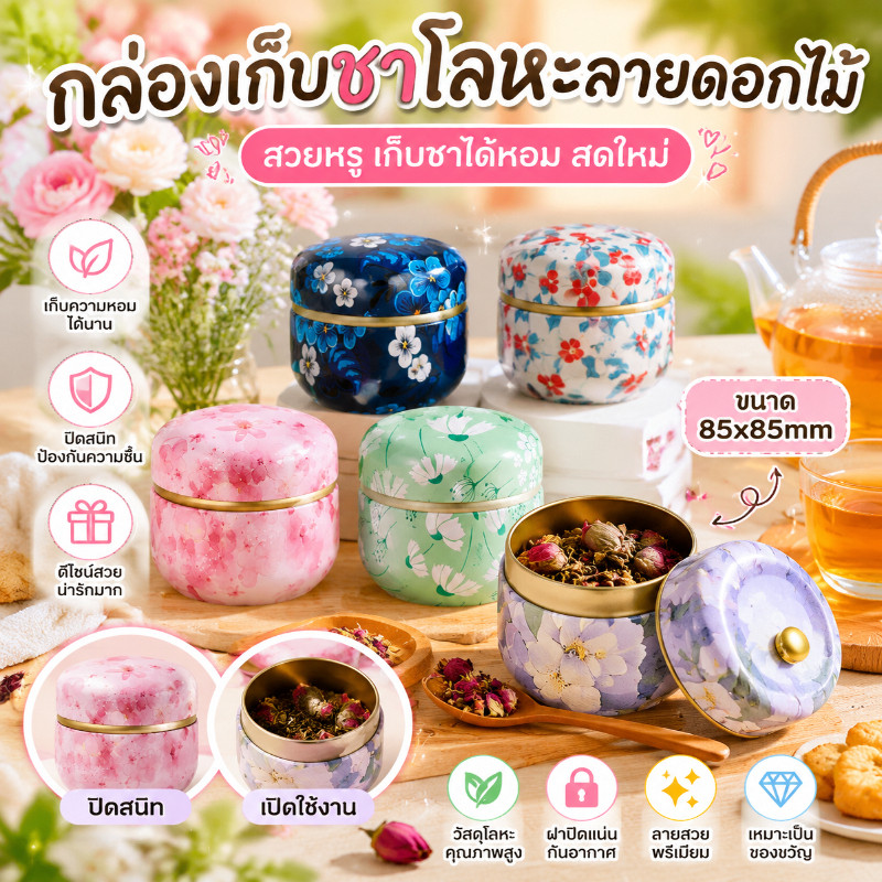 COD กระป๋องชาโลหะทรงกลม กล่องใส่ชา ดอกไม้ ลูกอม ของชำร่วย ฝาปิดแน่น ขนาดเล็ก แพ็กเกจสวย แต่งโต๊ะครัว ใช้จัดเก็บของแห้ง
