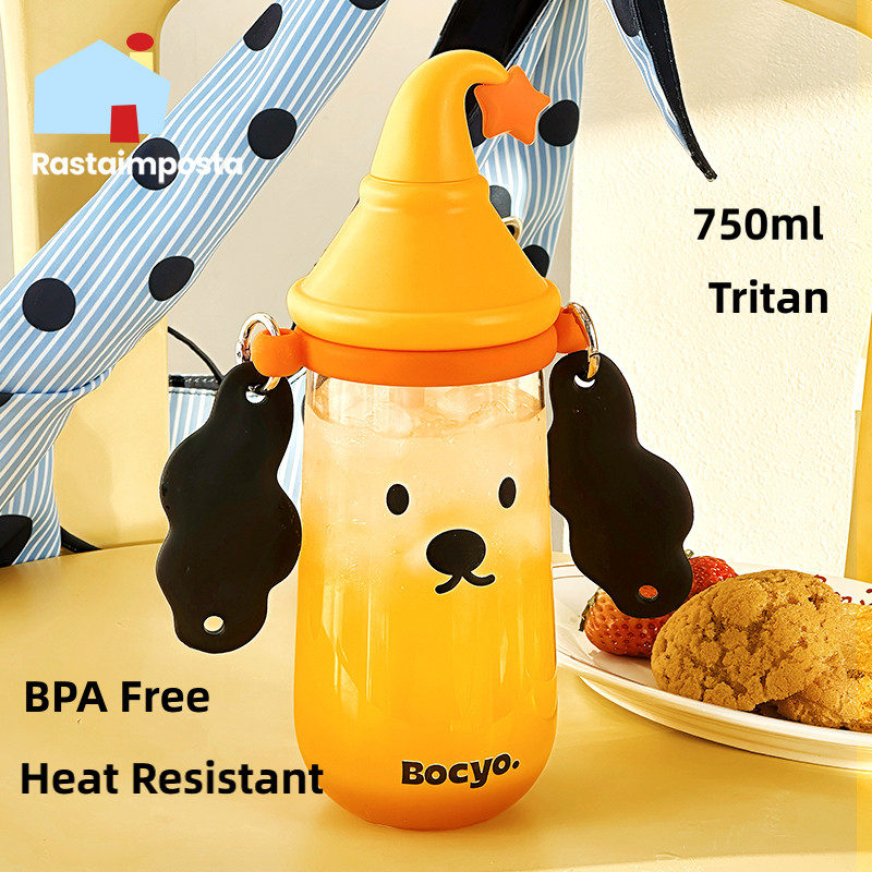 750ml Tritan ขวดน้ําพร้อมฟางน่ารักเด็กการ์ตูนถ้วยพลาสติก BPA ฟรี Leakproof รูปลักษณ์สูงถ้วยน้ําสําหรับสาว