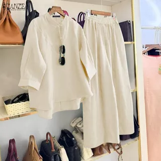 ZANZEA ซานเซีย ผู้หญิงเกาหลีลําลองสีทึบยืนปก3/4แขนด้านหน้าสั้นกลับยาวเสื้อ+กางเกงขากว้างชุดหลวม