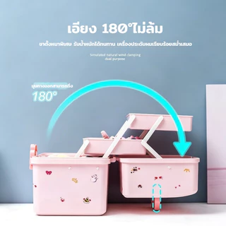 กล่องเก็บเครื่องประดับผมเด็ก สามชั้นพับได้ ล็อคดอกไม้ วัสดุปลอดภัย ตั้งโต๊ะสีชมพู