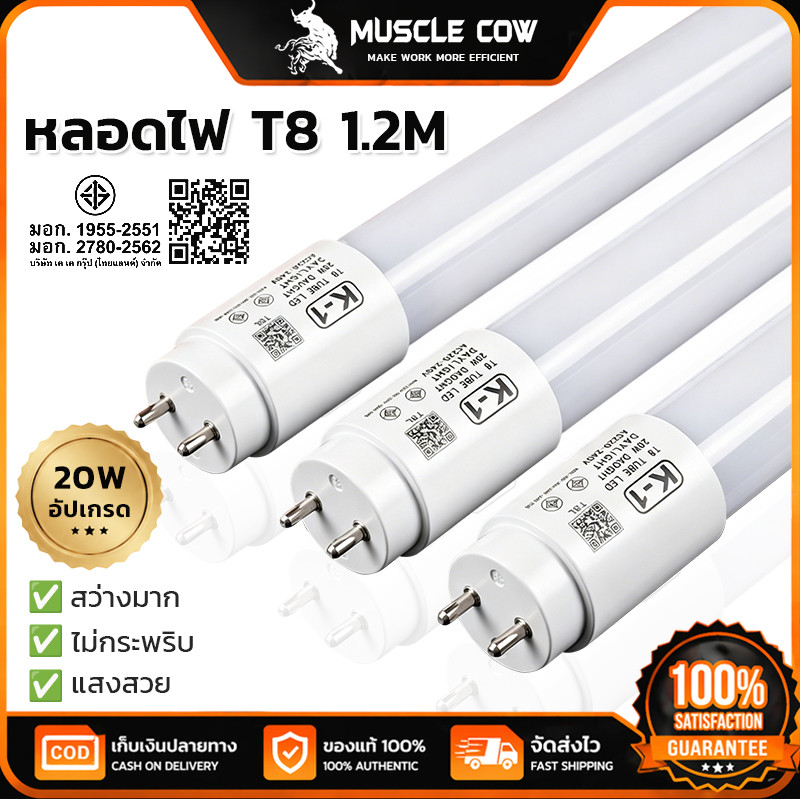 MUSCLE COW หลอดไฟ T8 LED ยาว1.2M 20W อัปเกรด มอก. ไม่กระพริบ สว่างมาก สำนักงาน โรงงาน ร้านค้า