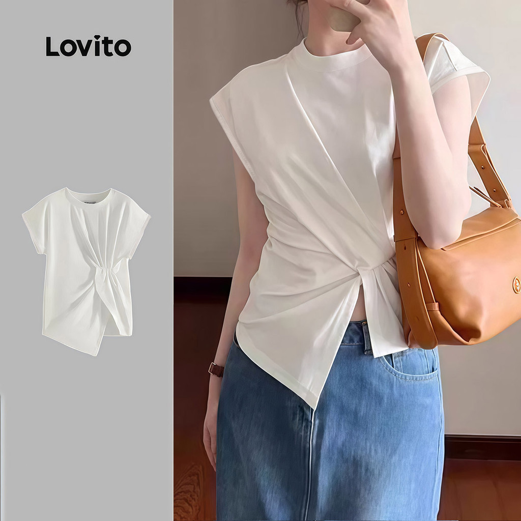 Lovito เสื้อยืดผู้หญิงสีขาวแบบบิดพลีทสําหรับฤดูใบไม้ผลิและฤดูร้อน L182LD035
