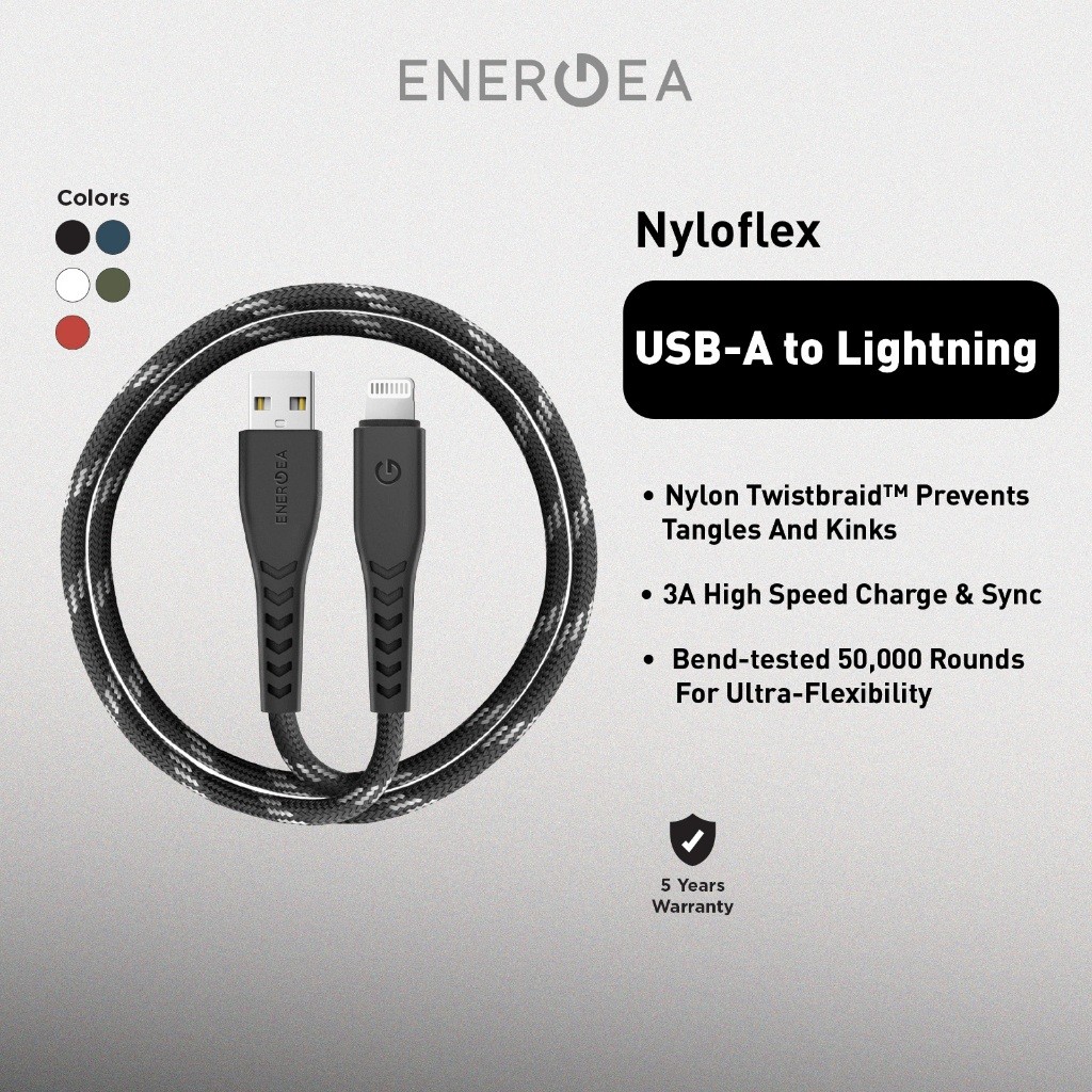 ENERGEA NyloFlex A To Lightning Cable MFI 30CM/ 1.5M/ 3M - Black/ Blue/ Red/ Green/ White