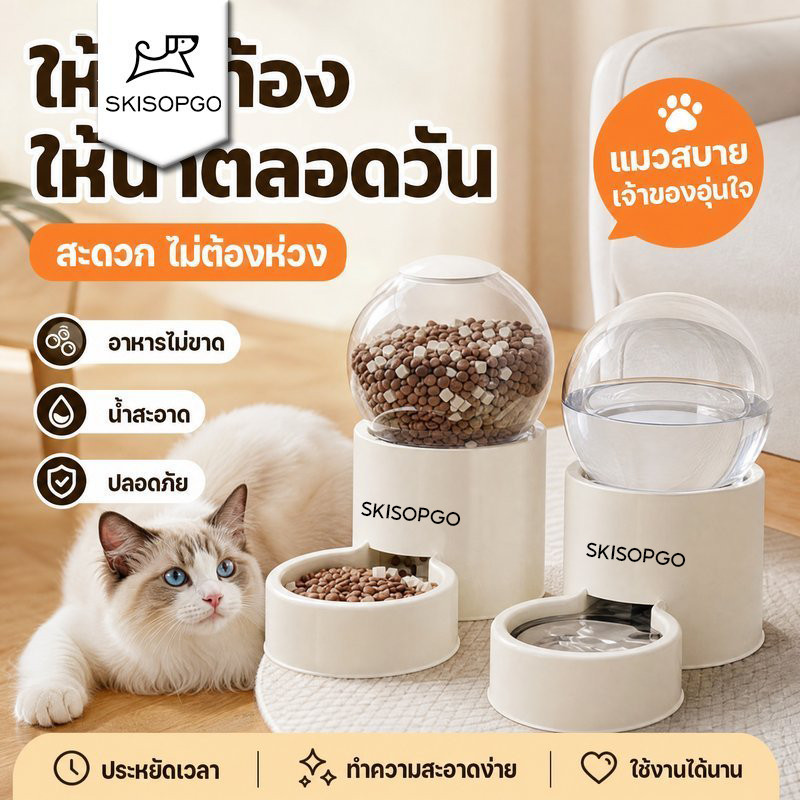 SKISOPGO เครื่องให้อาหารแมวอัตโนมัติ ชามอาหารแมว ถังอาหารแห้ง กันติดขัด ควบคุมปริมาณ ใช้งานง่าย