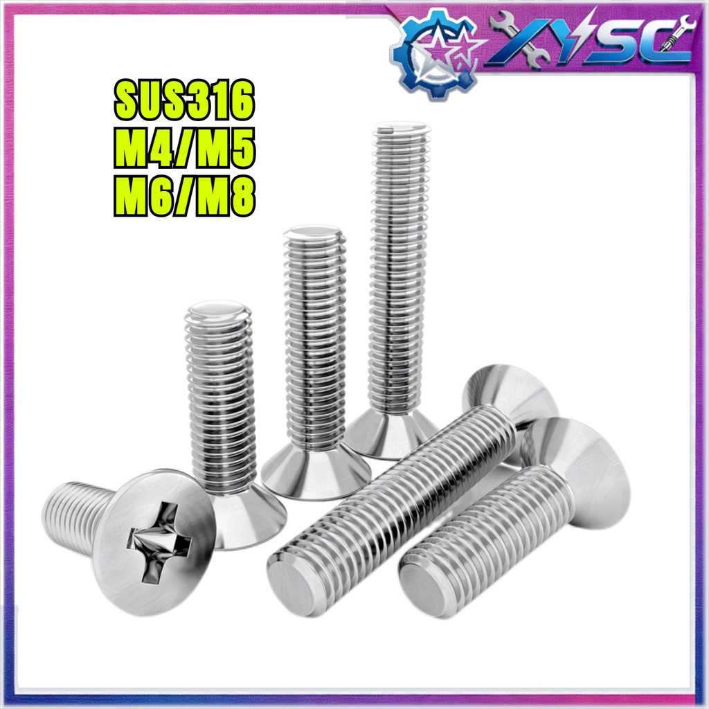 น็อต สกรู หัวเตเปอร์ แฉก F+ สแตนเลส 316 เกลียวมิล หยาบ ขนาด M4/M5/M6/M8 * L6‑100 มม / Flat Head Phil