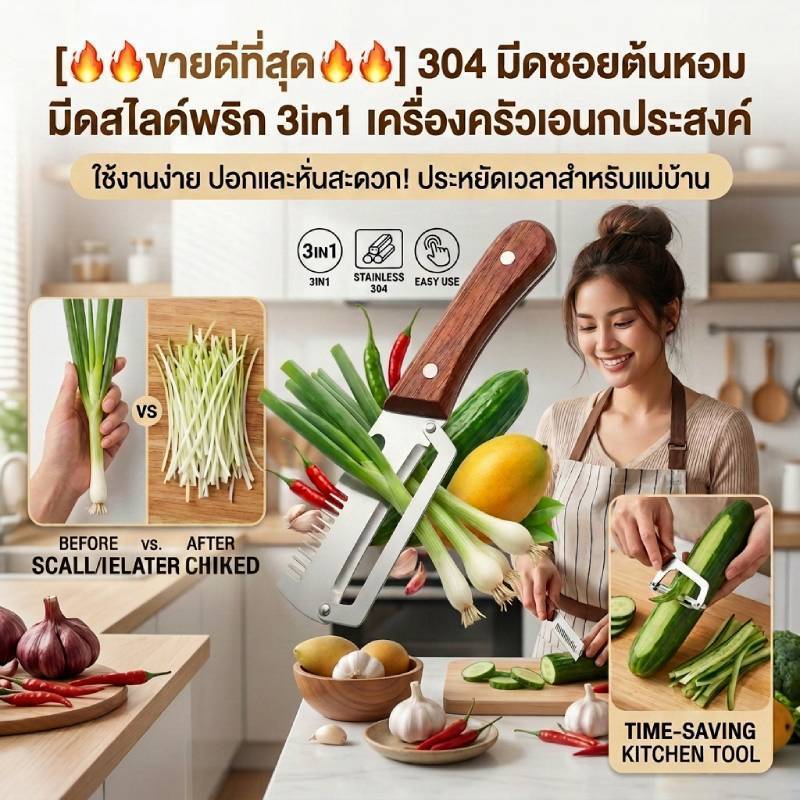 [สไลด์เป็นแผ่น ตัดเป็นเส้น] สแตนเลส304 ด้ามไม้ ทั้งซอยต้นหอม ซอยพริก ปอกผักผลไม้ มีดหั่นผักอเนกประสงค์ ประหยัดเวลา ะกับแม่บ้าน