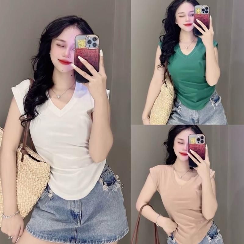CT9a เสื้อยืดผู้หญิง PHOM กอดคอเต่าแขนกุดเอว