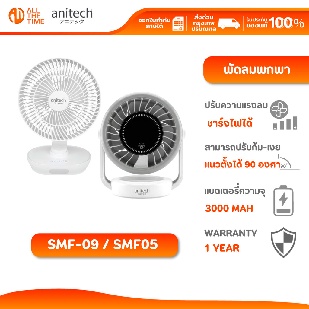 Anitech SMF-09 / SMF05 พัดลมพกพา ชาร์จไฟได้ ก้ม-เงยได้ 90° รับประกัน 1 ปี