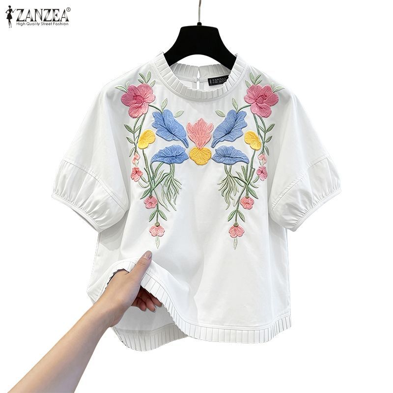 ZANZEA เสื้อเบลาส์ลายดอกไม้แขนพัฟแขนสั้นพิมพ์ลายเกาหลีสําหรับผู้หญิง