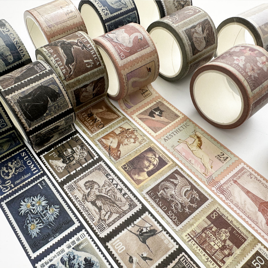 QOUZMO 1PCS Vintage Stamp Washi Tape Retro Ephemera เทปตกแต่ง Junk Journalสมุดภาพ Planner DIY Border Vintage Stamp Ephemera Series