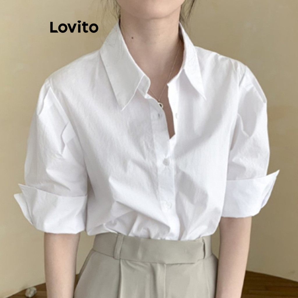 Lovito สง่างามเสื้อสีพื้นกระดุมFront Roll Up Sleeve เสื้อสำหรับผู้หญิง L77ED184