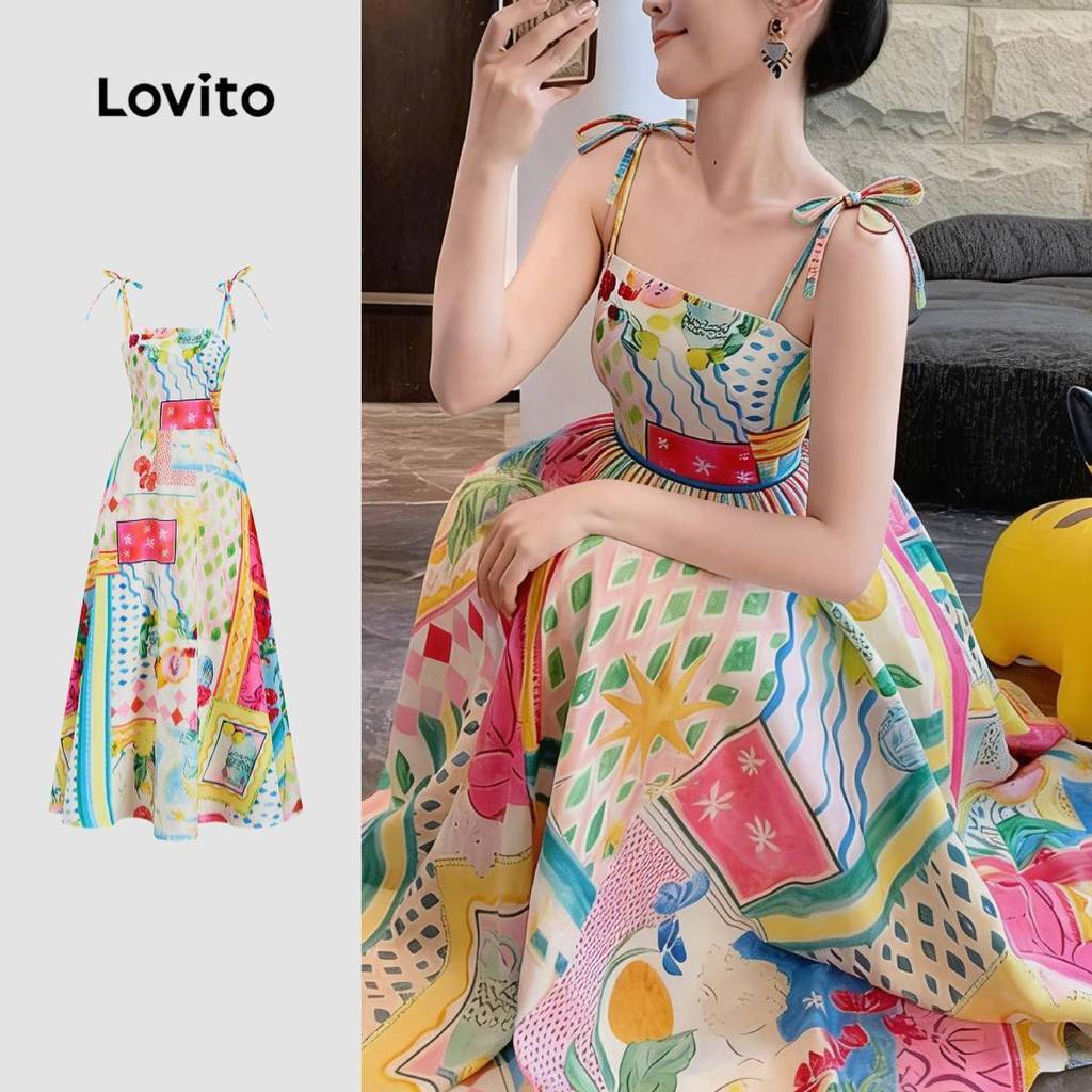 Lovito แพทเทิร์นชุดเดรสโบโฮ ผูกด้านหน้า สําหรับฤดูใบไม้ผลิ/ฤดูร้อน สําหรับผู้หญิง. L171ED467