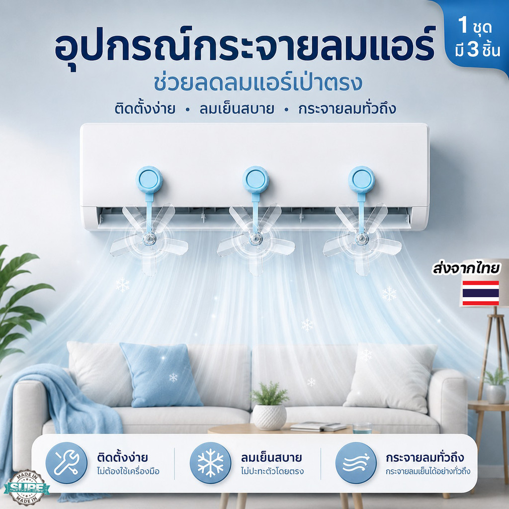 แผ่นกันลมแอร์เป่าตรง 3 ชิ้น Conditioning Guide Fan รูปกังหัน ติดตั้งง่าย ใช้กับแอร์บ้านและคอนโด