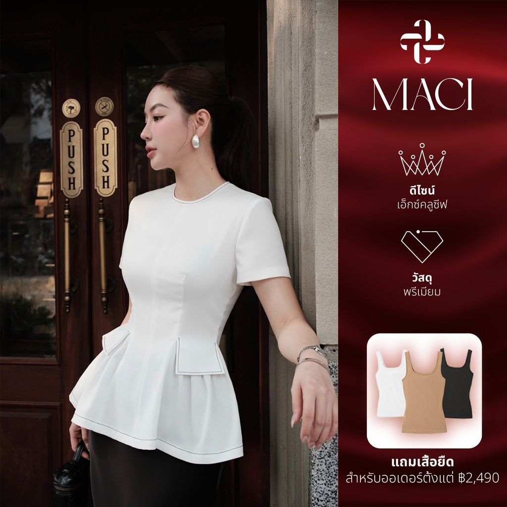 MACI MCAAVTR0298 เสื้อ Peplum ผ้าลินินสีขาวพร้อมด้ายสีดํา ดีไซน์พิเศษ แฟชั่นผู้หญิง