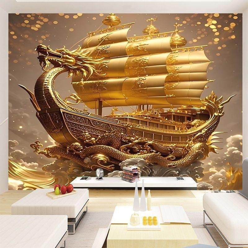 ผ้าแขวนตกแต่งเรือใบสีทอง ทิวทัศน์ มหาสมุทร เหมาะสำหรับครอบครัว ห้อง ร้านค้าห้องนั่งเล่น กิจกรรม,
