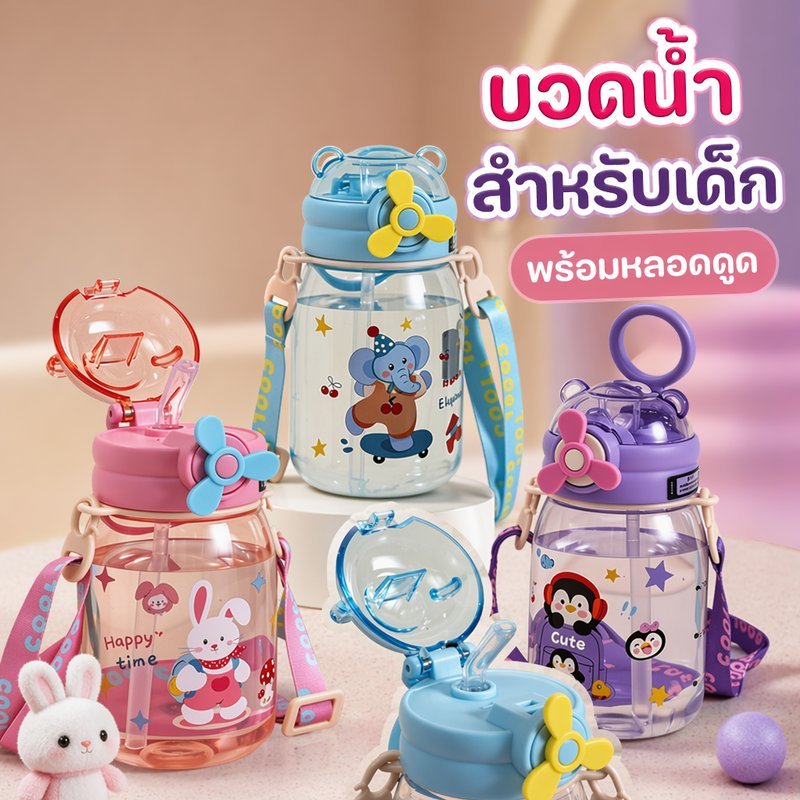 ขวดน้ำเด็ก แก้วน้ำหลอดดูด ลายการ์ตูน สายสะพาย กันรั่ว พกพา 510ml ขวดน้ำไปโรงเรียน เด็กอนุบาล