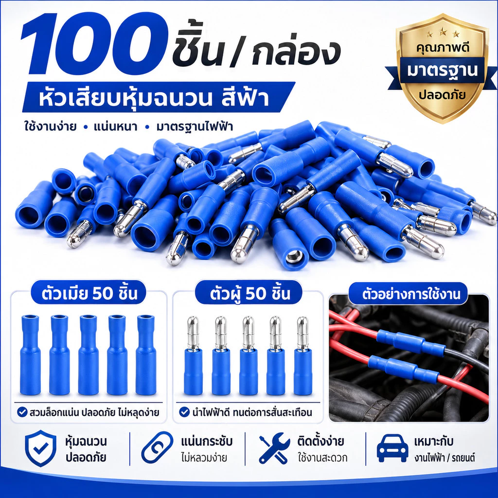 TJR (แพ็ค 100 ชิ้น) หัวเสียบตัวผู้(กลม) x 50 ชิ้น ตัวเมีย(กลม) x 50 ชิ้น (1.5-2.5 sq.mm.) ตัวเชื่อม