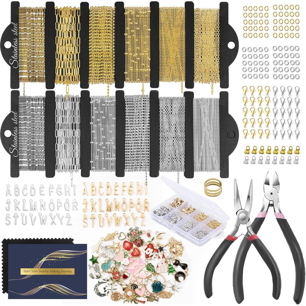 HUISUYTON 18K Gold สร้อยคอชุดสําหรับเครื่องประดับทํา, 59FT 12 ม้วนสร้อยข้อมือโซ่ Charms/คีม/กระโดดแห