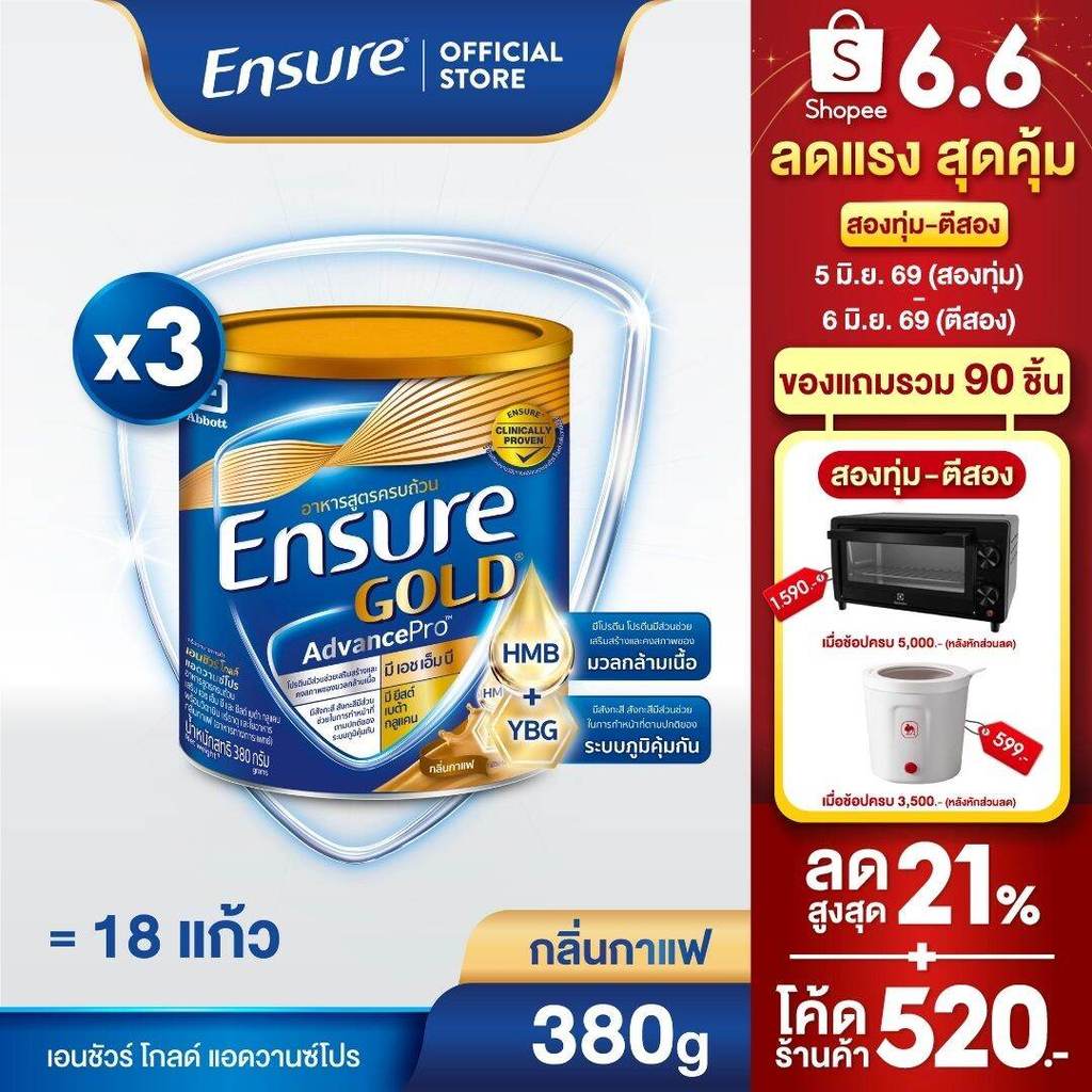 [ส่งฟรี] Ensure Gold AdvancePro เอนชัวร์ โกลด์ แอดวานซ์โปร กลิ่นกาแฟ 380g 3กระป๋อง Ensure Gold AdvancePro Coffee 380g x3
