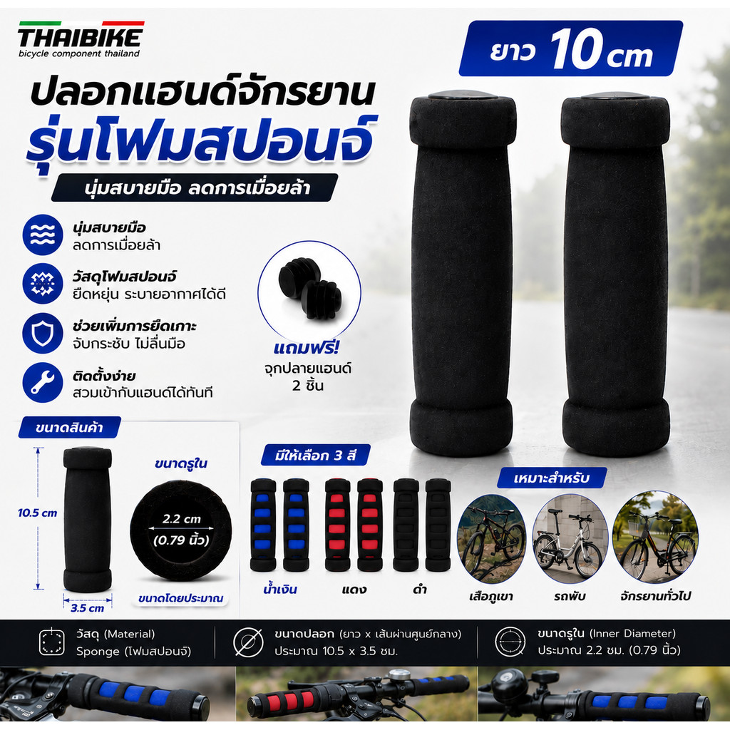 ปลอกแฮนด์จักรยาน โฟมสปอนจ์ รุ่น THB02 ขนาด 10.5×3.5 ซม. (1 คู่)
