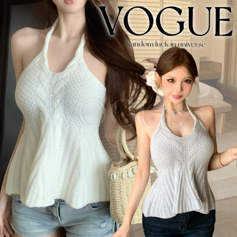 Vogue🌟พร้อมส่ง🌟 เสื้อกั๊กคล้องคอผ้าถักลายเกลียว ทรงกระโปรงปลายบาน ใส่แล้วดูผอม สไตล์เกาหลี (N127)