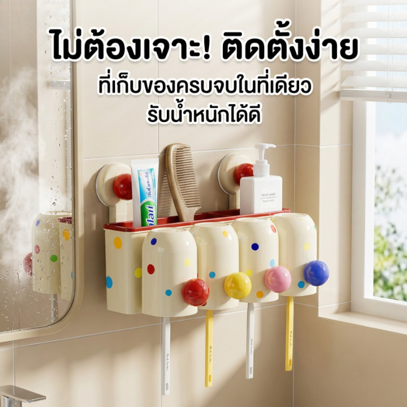 COD ที่วางแปรงสีฟัน ติดผนัง ไม่เจาะรู ถ้วยดูด กันฝุ่น กันชื้น ห้องน้ำ ประหยัดพื้นที่ 2/3/4 ช่อง